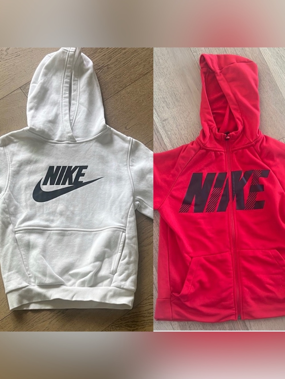 TWO Nike Kids' sweatshirts - one white hoodie; one red zip up. Kids large.